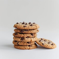 a close up of a stack of chocolate chip cookies on