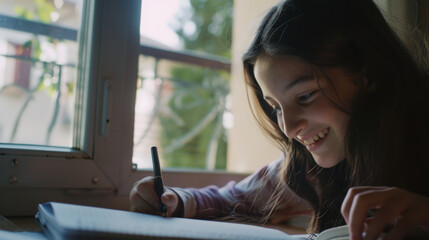 A young girl smiles as she writes by a window, illuminated by natural light, capturing a moment of happiness and inspiration during her studies.