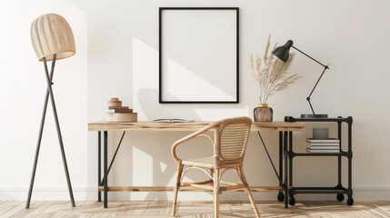 A chic home workspace featuring a sleek wooden desk, rattan chair, and soft natural light, perfectly blending modern style with rustic charm.
