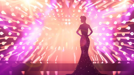 A silhouetted woman in a glittering gown stands on stage, with bright pink and purple lights sparkling around her.