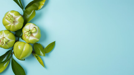 Green fruits and leaves artfully arranged on a clean, light blue background create a modern, fresh, and vibrant scene.