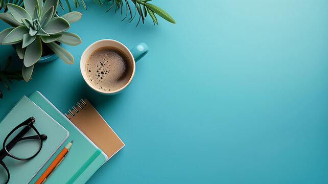 Top view office desk with laptop, notebooks and coffee cup