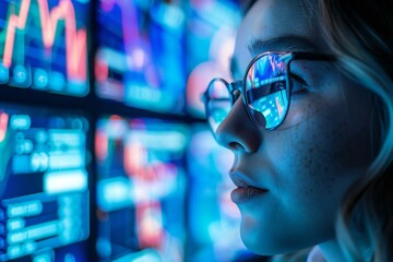 Close-up of holographic screens displaying AI-generated purchase orders with beautiful persons wearing eyeglasses.