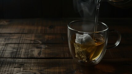 Hot Water Poured Into Glass Mug With Tea Bag on Wooden Table