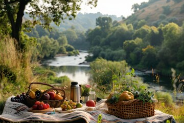Fototapeta premium A serene riverside picnic featuring fresh fruits in woven baskets