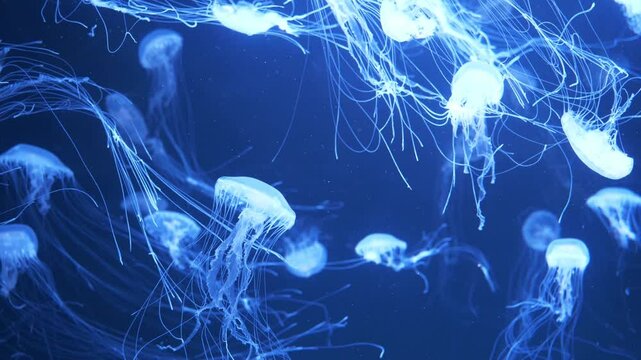Many small white jellyfish swim underwater