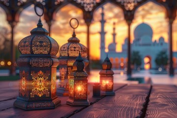 Traditional lanterns glowing warmly at sunset with a mosque in the background