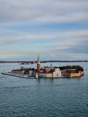 Aerial view of San Giorgio Maggiore church on a small island in the lagoon in Venice, Italy