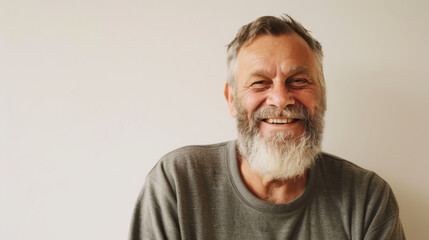 Obraz premium A cheerful man with a light beard in a gray sweater smiles broadly against a plain white background.
