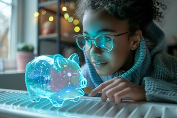 beautiful person with eyeglasses inserts a coin into a futuristic holographic piggy bank powered by AI on a smart energy-efficient radiator in a modern home setting.