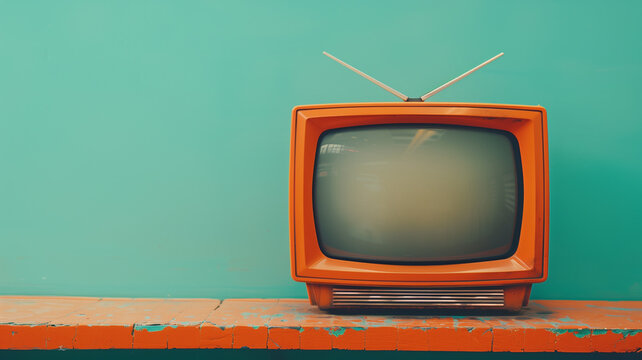 Retro TV receiver on table front wall background