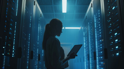 A young technician holds a tablet, analyzing data amidst the high-tech environment of a blue-lit server room, highlighting technology and focus.