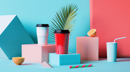 Minimalistic art composition featuring colorful drinks and geometric shapes on pastel platforms...