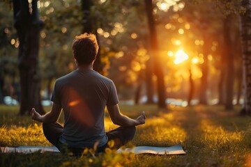 Man meditating on a yoga mat in a park at sunset, golden light filtering through the trees, peaceful setting