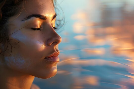 Close-up of a woman meditating by a tranquil lake at sunset, with the sky and water reflecting warm, soothing colors