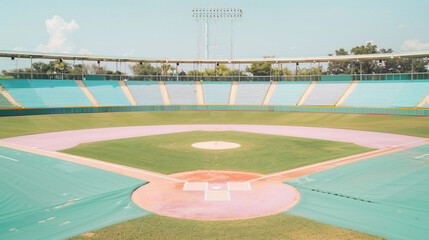 Fototapeta premium Serene Pastel Baseball Field in Afternoon Light with Mint Green Grass and Lavender Bases