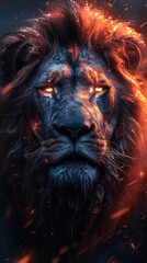 Fototapeta premium digital artwork of a fierce lion with fiery accents on a dark background