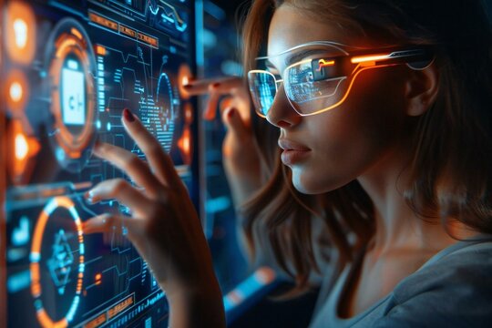 Beautiful woman with eyeglasses using holographic touchscreen phone with AI technology and futuristic applications on screen.