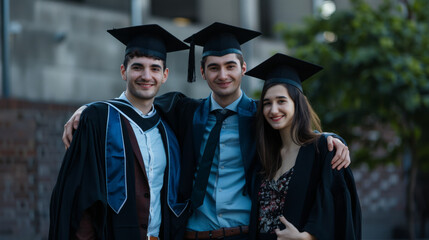 Obraz premium Three proud graduates in caps and gowns smile warmly with arms around each other, celebrating their achievements.