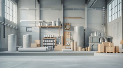 Obraz premium A modern 3D illustration of an industrial workspace with a minimalist aesthetic. The scene includes essential tools and equipment arranged neatly, highlighting the organized and efficient