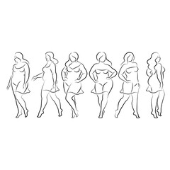 Collection. Silhouette figure of a slender woman. The girl is standing. The girl is full of beauty and sexuality. Girl is overweight vector illustration set