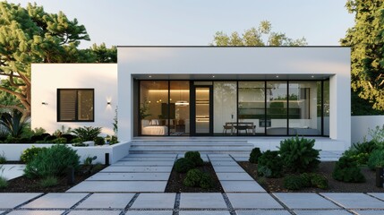 A minimalist home with a white facade, black-framed windows, and a front yard featuring geometric landscaping designs.