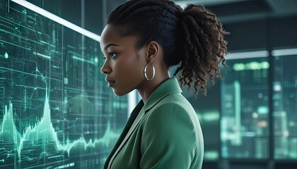 AI cyber security threat illustration, black African American female IT specialist analyzing data information technology, augmented reality artificial intelligence collage, side profile, copy space