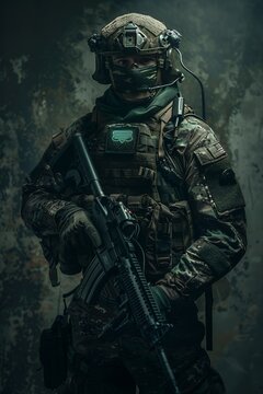 The concept of a special forces soldier with a green patch on his arm, against a dark background, in a full body portrait, photographed in a photo studio with hard light and dark tones featuring black