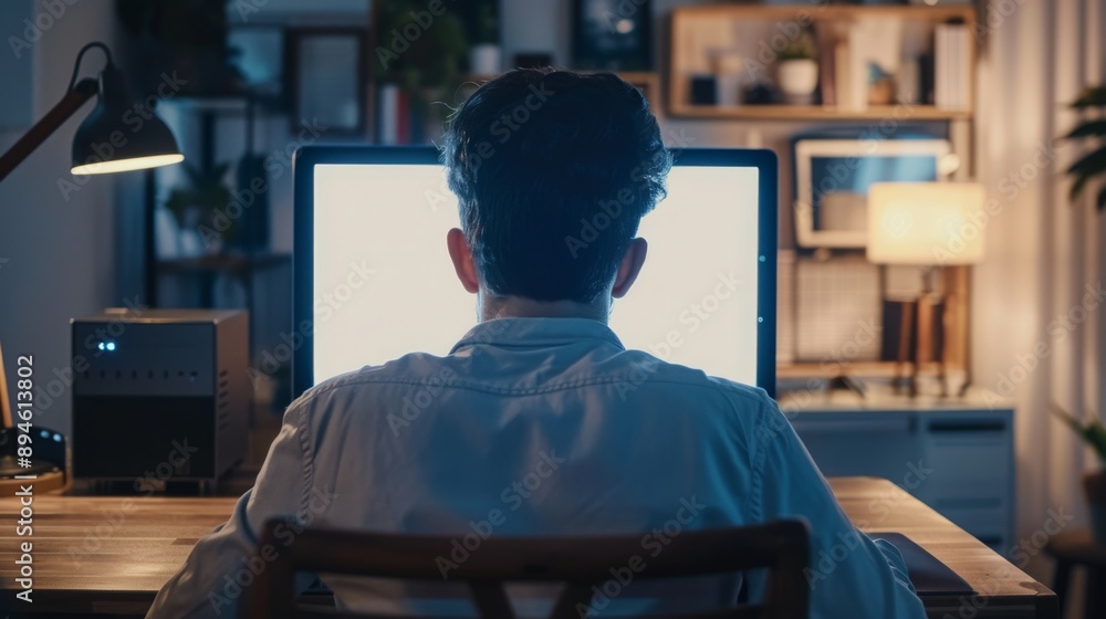 Poster man working at a computer in a dimly lit room