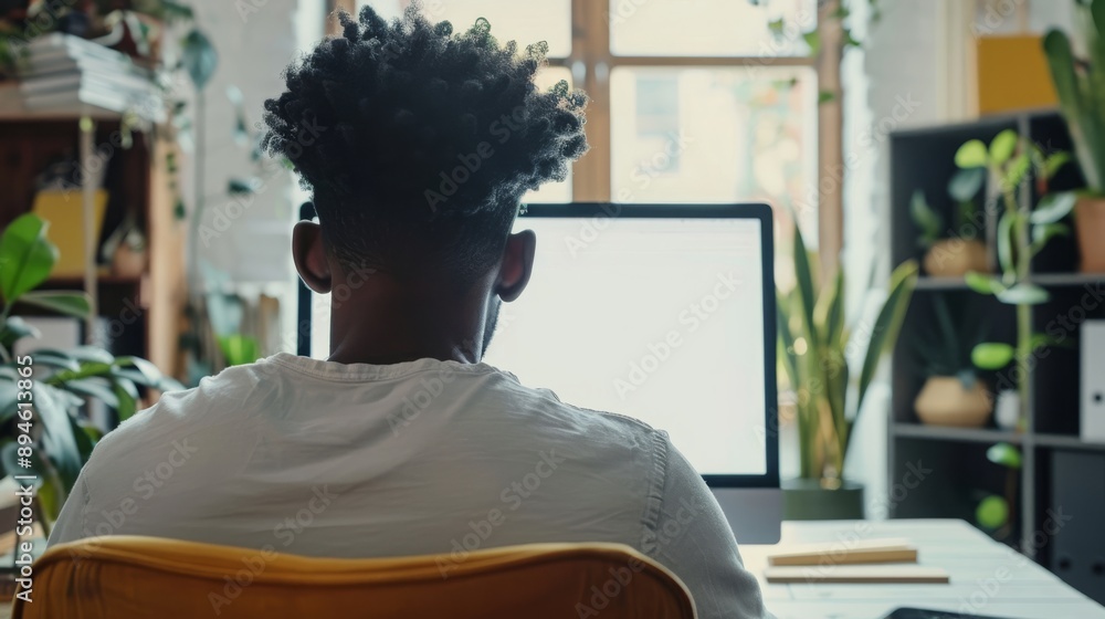 Poster man working at home office with a computer