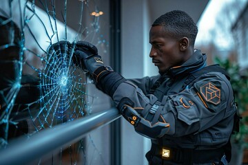Young African handyman in futuristic uniform using AI technology to install holographic screen on broken window of modern balcony.