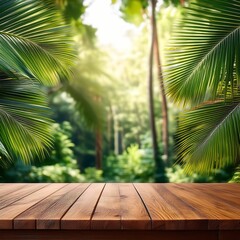 Fototapeta premium Wooden Table with Tropical Forest Background for Product Placement