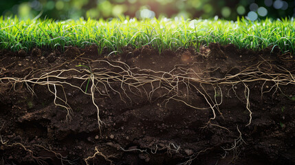 A cross-section view of the soil beneath lush grass, highlighting the intricate network of roots, emphasizing the complexity and beauty of nature.