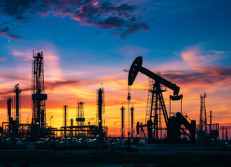 Fototapeta premium Silhouette of petroleum pump jack against vivid sunset. Generative AI.