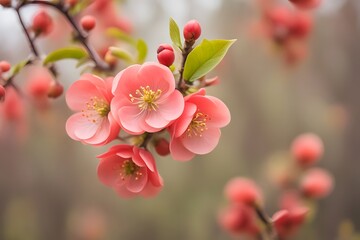 Flowering quince flower bokeh background, Ai Generated