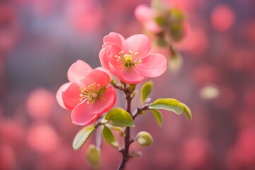 Obraz premium Flowering quince flower bokeh background, Ai Generated