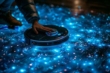 Fototapeta premium Person Using AI-Powered Robotics Vacuum Cleaner to Clean Futuristic Blue Holographic Carpet at Home.