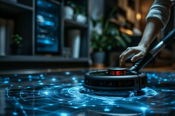 Person Using AI-Powered Robotics Vacuum Cleaner to Clean Futuristic Blue Holographic Carpet at Home.