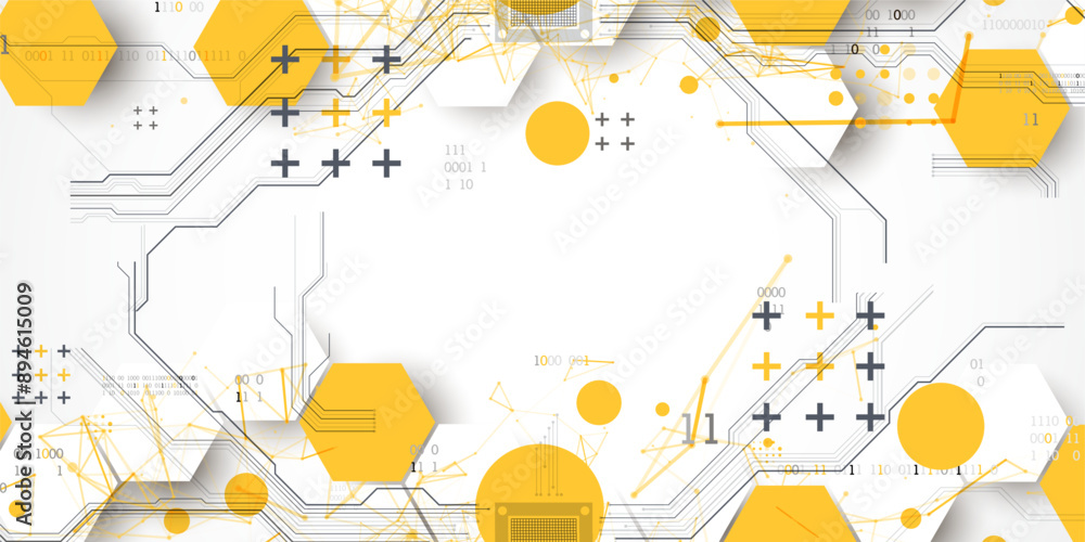 Wall mural abstract circuit board background with hexagons. hi-tech digital technology concept. hand drawn vect