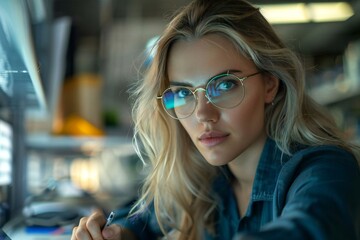 Beautiful businesswoman with glasses using holographic screen to sign digital cheque in futuristic office setting.
