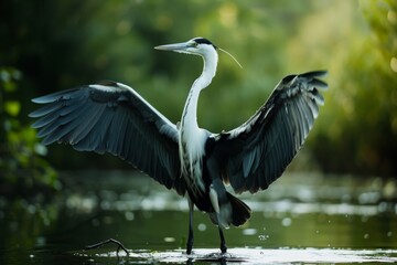Grey Heron Spreading Its Wings in a Lush Green Environment