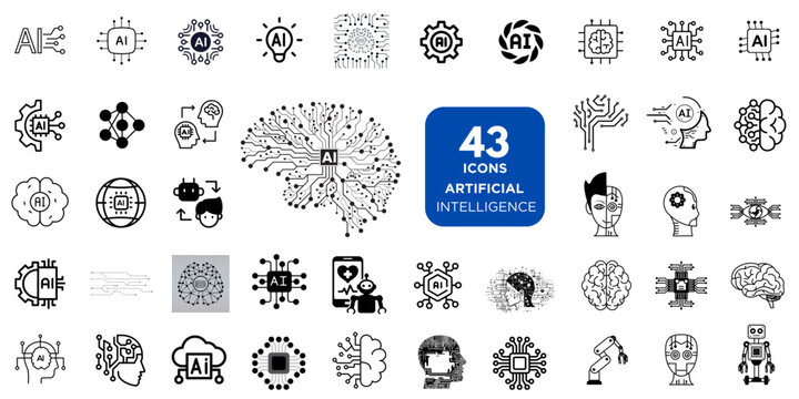 Artificial intelligence set of web icons in line style. AI technology icons for web and mobile apps. Machine learning, digital AI technology, algorithms, smart robotics, cloud computing network.