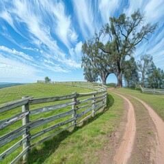 Fototapeta premium rustic dirt road lined with a wooden fence leading to a large tree