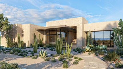 A modern desert home with clean lines, a stucco exterior, and a xeriscape garden with cacti and succulents.