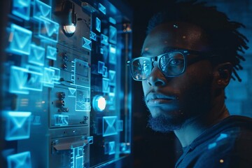 African American man with a well-groomed beard wearing eyeglasses, standing in front of a holographic display showing AI-powered mail filtering system, looking