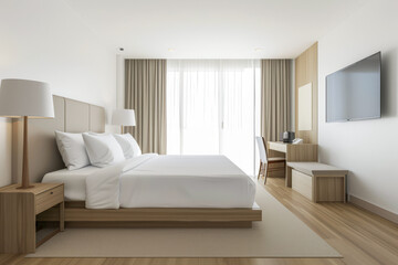 Modern hotel room interiors in neutral colors with a bed placed next to a large window. Commercial interior design composition.