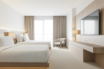 Modern hotel room interiors in neutral colors with a bed placed next to a large window. Commercial interior design composition.