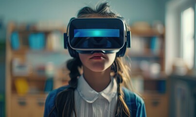 School student with VR headset using AI artificial intelligence technology & machine learning.Interactive technology in classroom. Innovation & smart tech