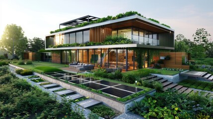 Fototapeta premium A modern eco-home with a green roof, large solar panels, and a sustainable garden with rainwater harvesting systems.