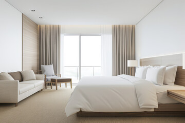 Modern hotel room interiors in neutral colors with a bed placed next to a large window. Commercial interior design composition.